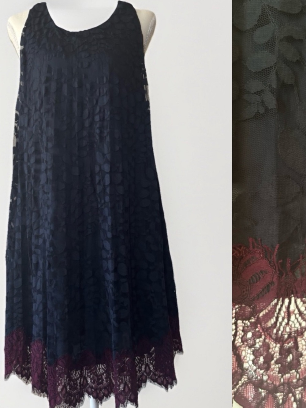 Max Studio Navy Applique Floral Shift Dress Small Textured Lace Hem Sleeveless